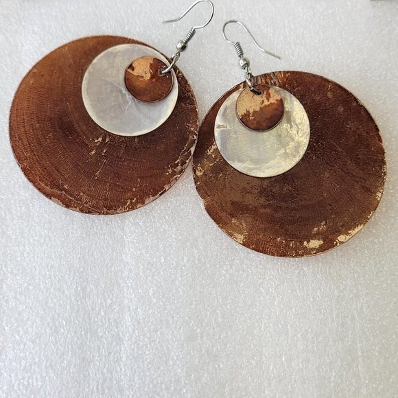 Shell Discs Metallic Copper Color Earrings Dangle Beach Boho Tribal Tropical - Picture 3 of 11